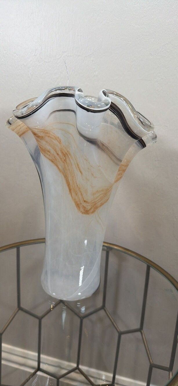 Large Murano Art Glass Ruffled Vase – White, Amber & Brown – 11” Tall